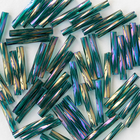 15mm Bugle Beads - Transparent Teal Rainbow - 200 Beads