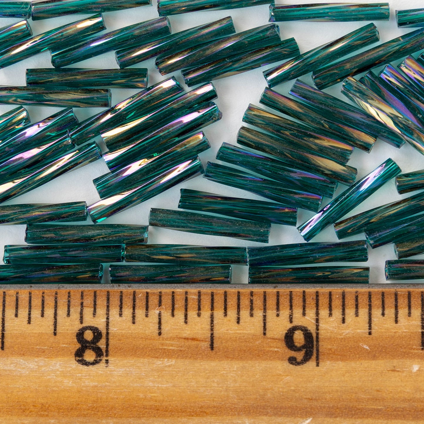 15mm Bugle Beads - Transparent Teal Rainbow - 200 Beads
