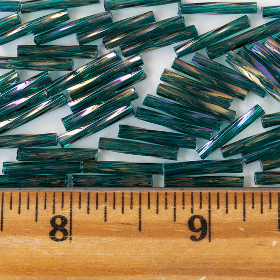 15mm Bugle Beads - Transparent Teal Rainbow - 200 Beads