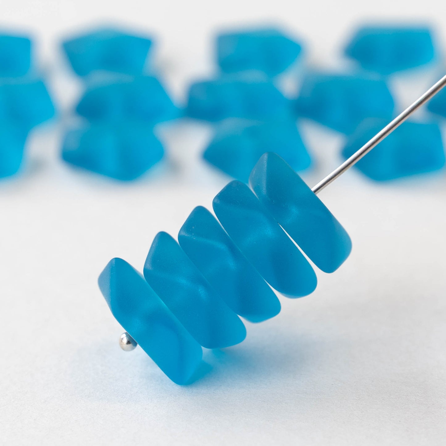 14mm Frosted Wavy Glass Rondelle - Pacific Blue  - 10 Beads