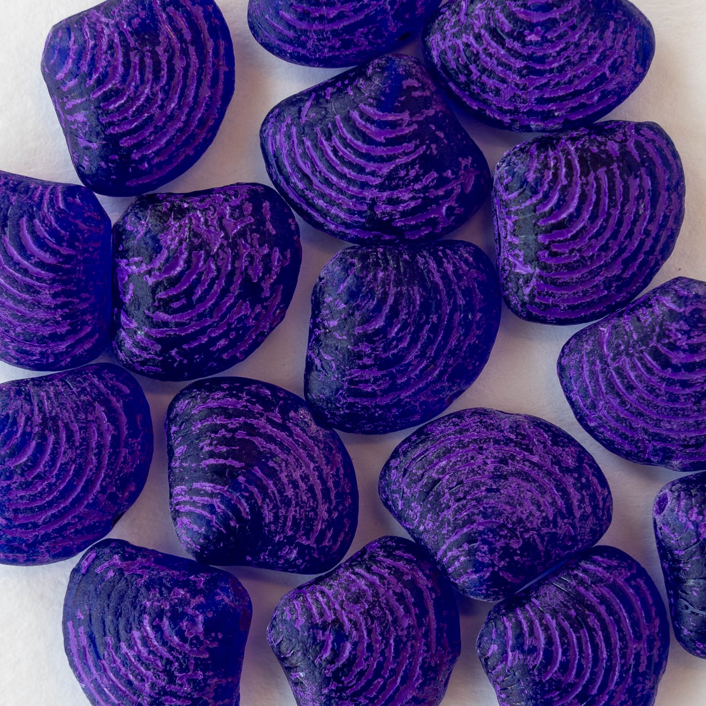 15x18mm Glass Shell Beads - Matte Cobalt with Purple Wash - 4 Beads