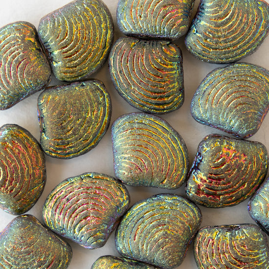 15x18mm Glass Shell Beads - Etched Rainbow AB - 4 Beads