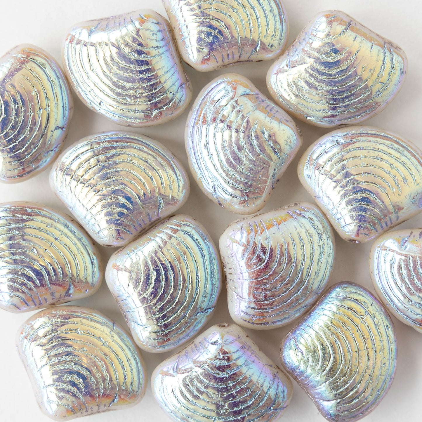 15x18mm Glass Shell Beads - Opaque Ivory Luster AB - 4 Beads