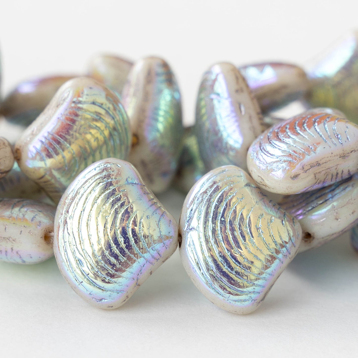 15x18mm Glass Shell Beads - Opaque Ivory Luster AB - 4 Beads