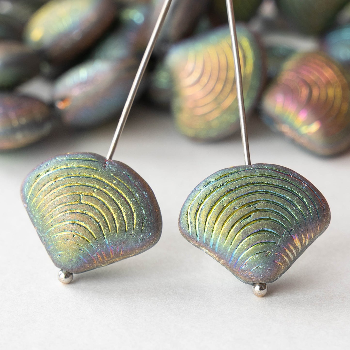 15x18mm Glass Shell Beads - Etched Rainbow AB - 4 Beads