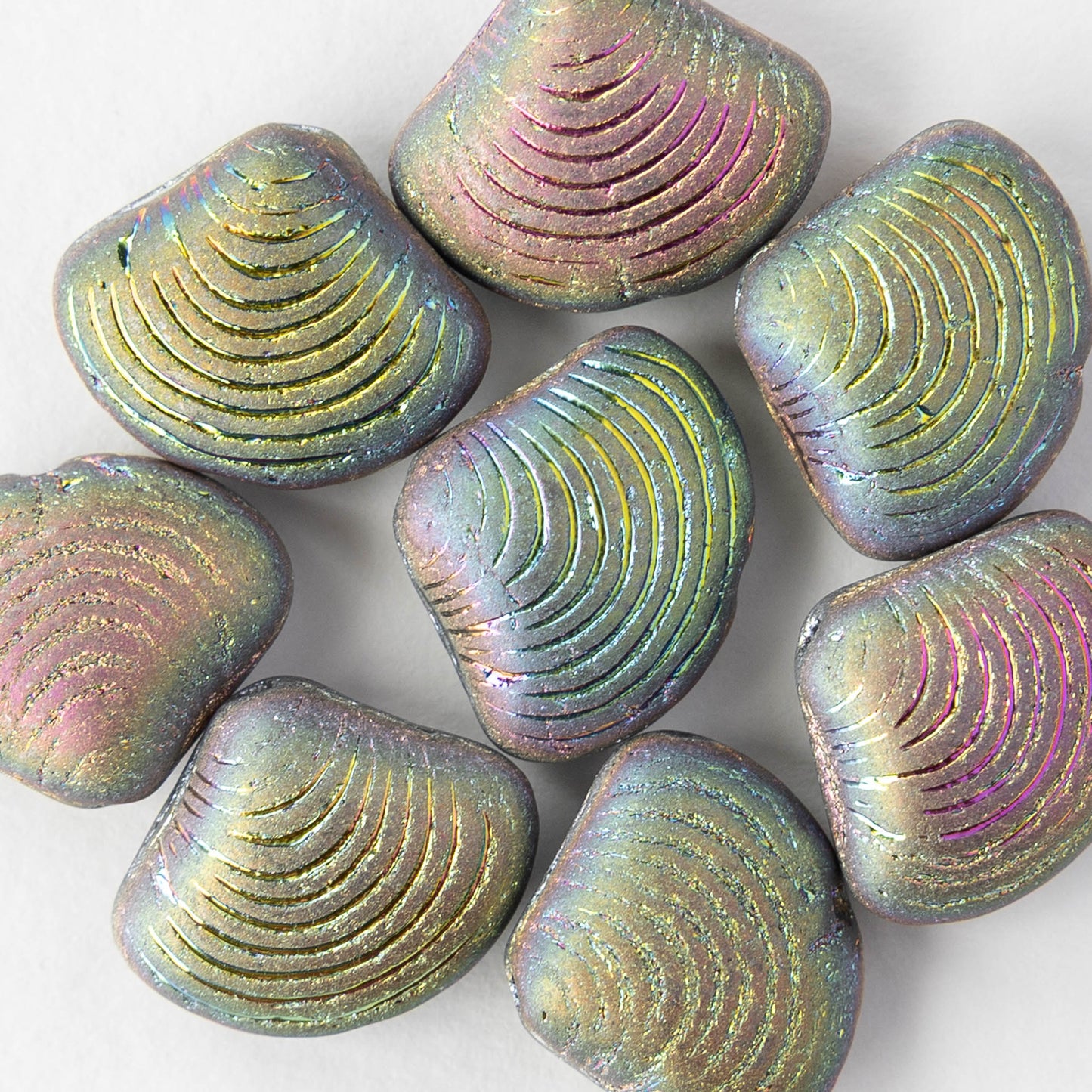 15x18mm Glass Shell Beads - Etched Rainbow AB - 4 Beads