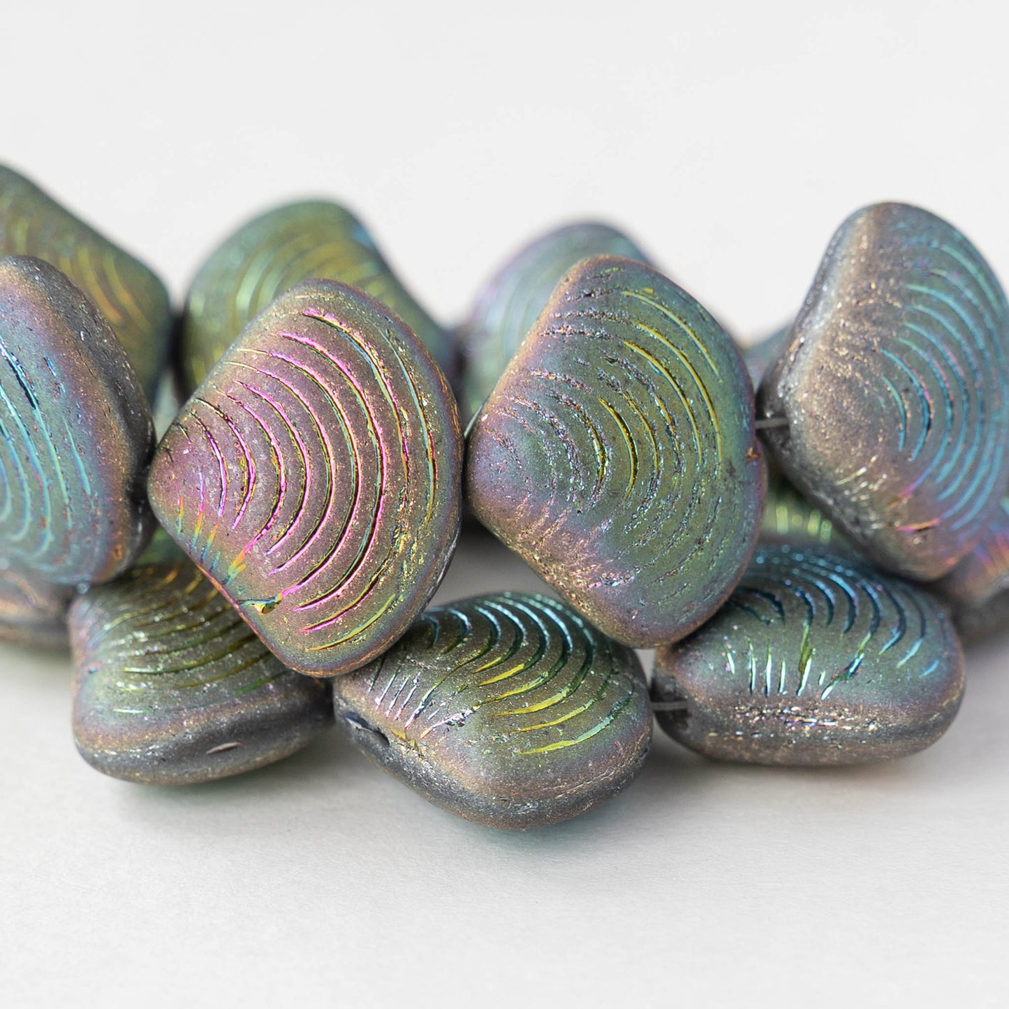 15x18mm Glass Shell Beads - Etched Rainbow AB - 4 Beads