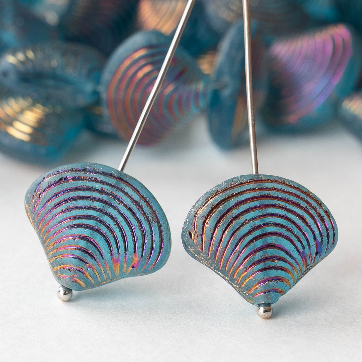 Glass Shell Beads - Teal with Purple Iris Wash - 4 beads