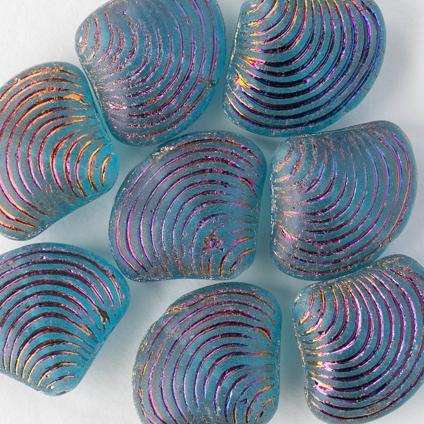 Glass Shell Beads - Teal with Purple Iris Wash - 4 beads