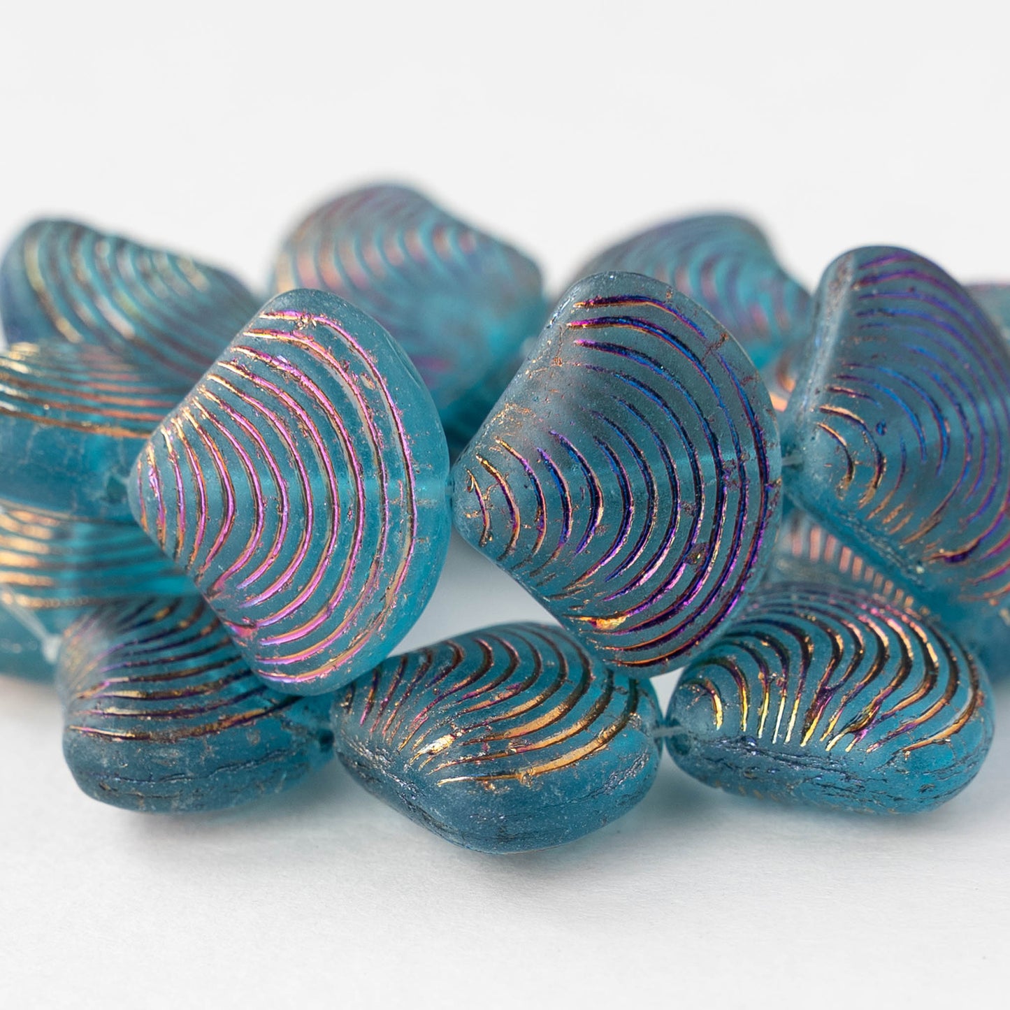 Glass Shell Beads - Teal with Purple Iris Wash - 4 beads