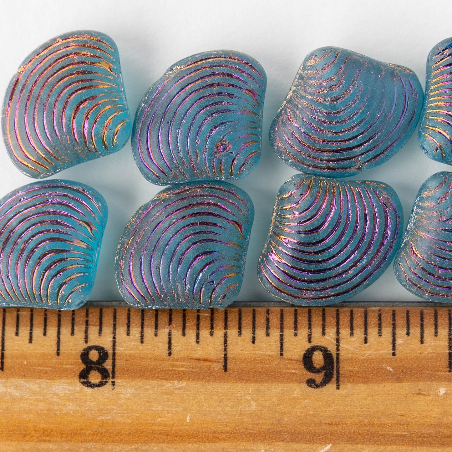 Glass Shell Beads - Teal with Purple Iris Wash - 4 beads