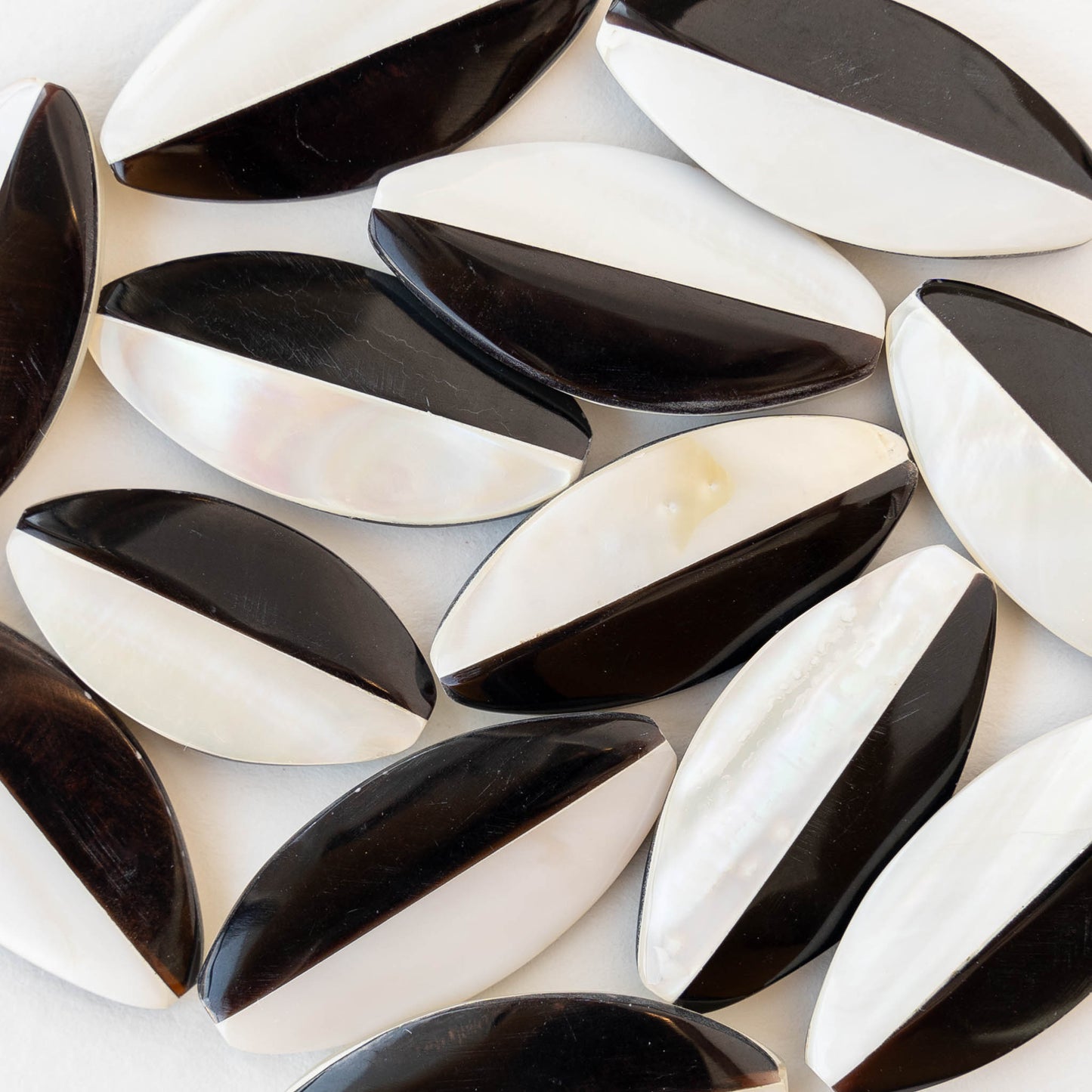 15x31mm Mother of Pearl Pointed Oval - Black and White - 2 beads