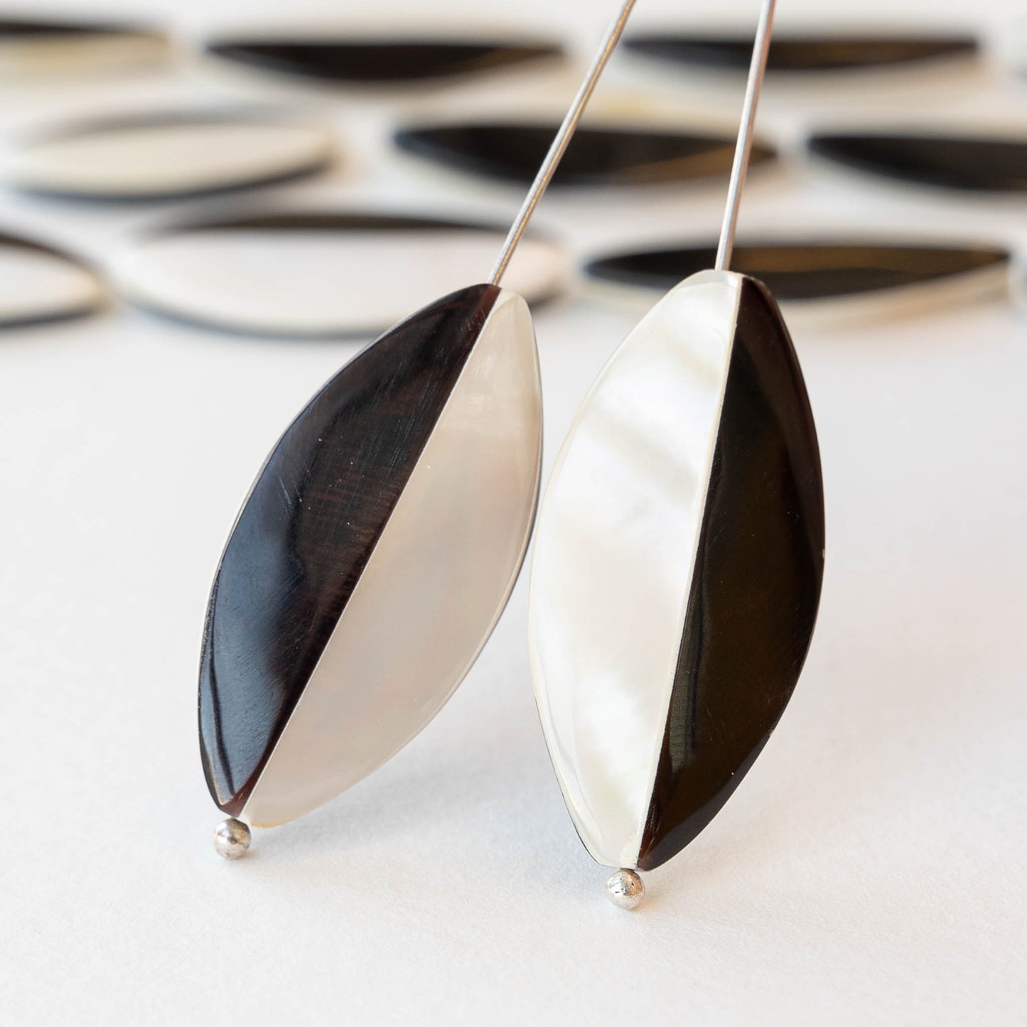 15x31mm Mother of Pearl Pointed Oval - Black and White - 2 beads