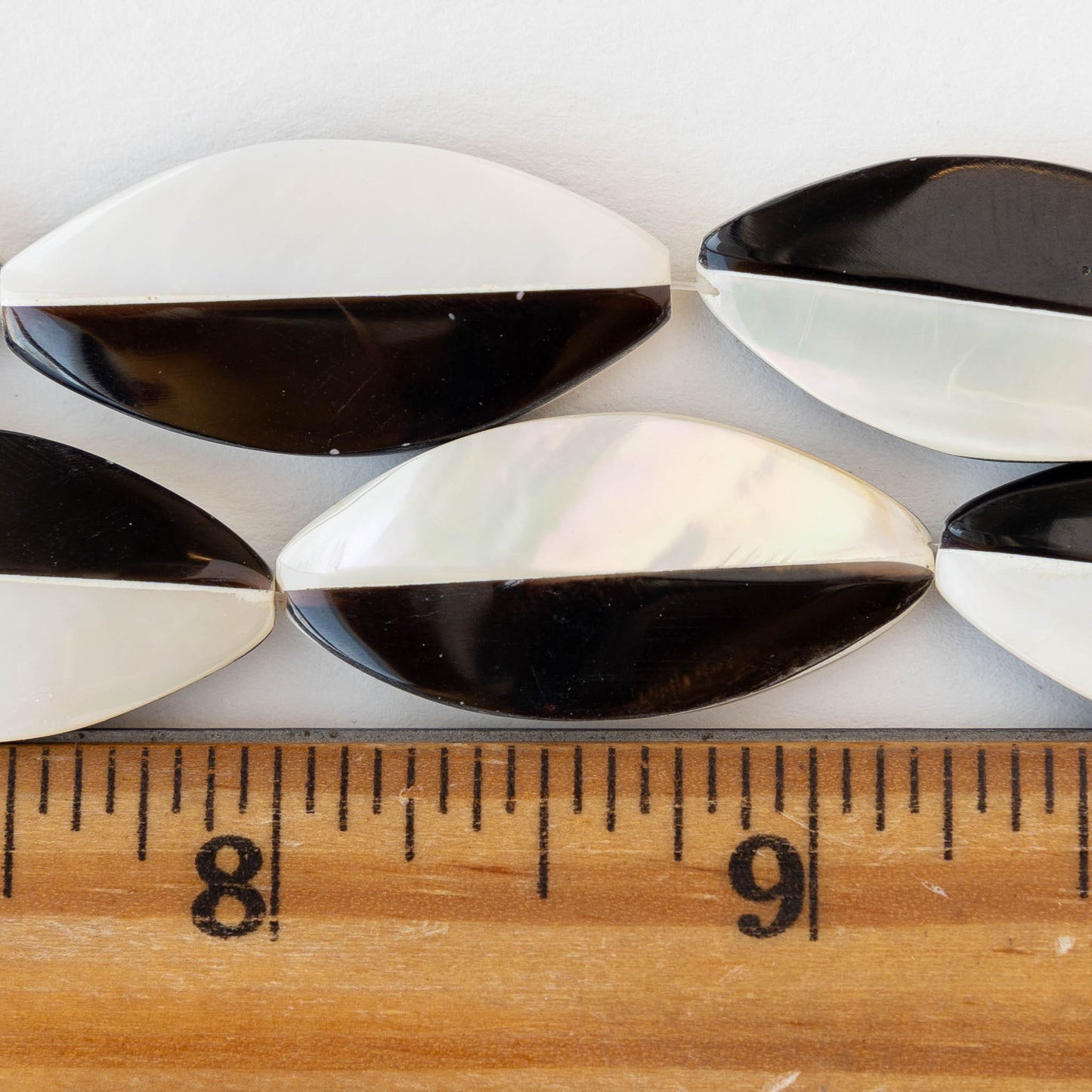 15x31mm Mother of Pearl Pointed Oval - Black and White - 2 beads