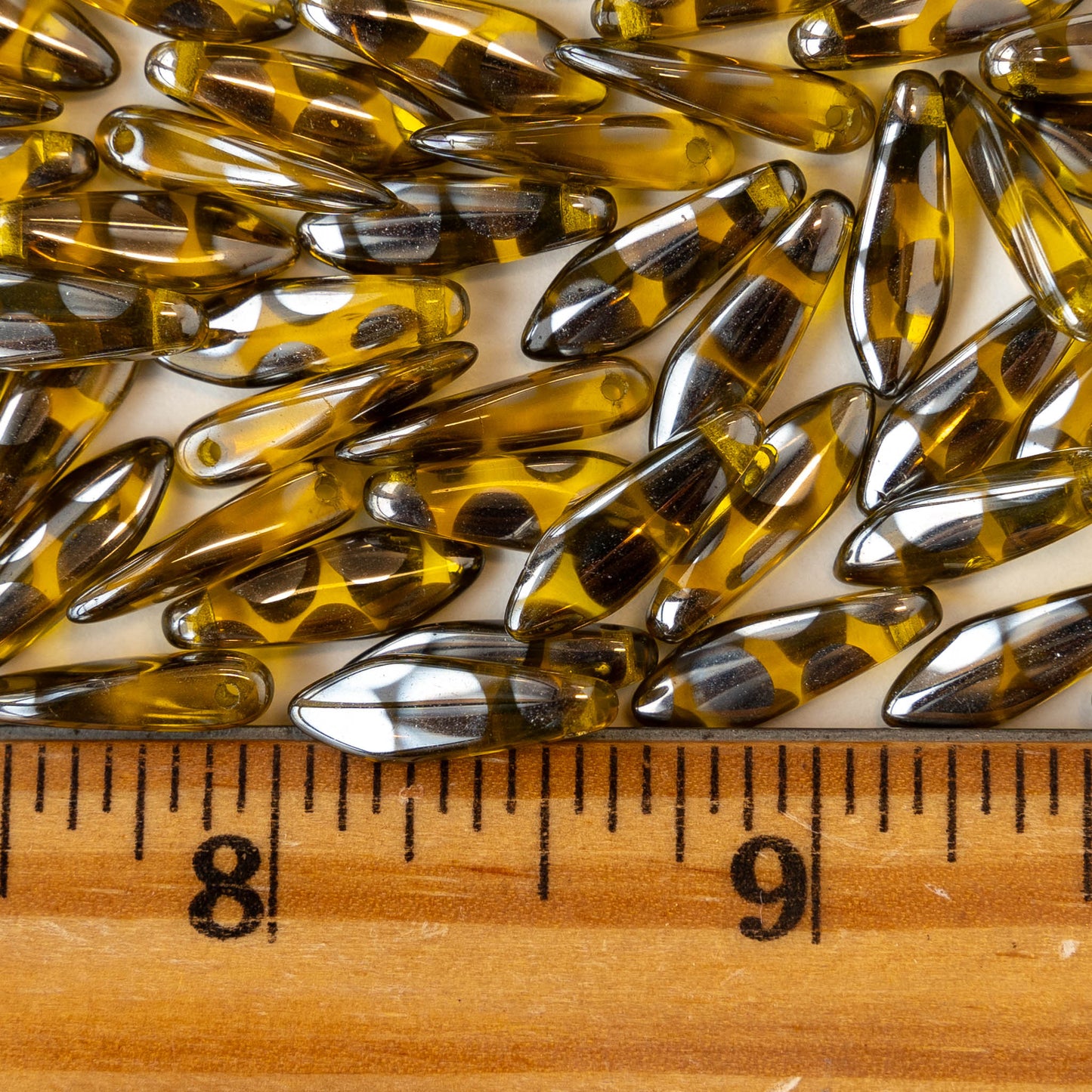 16mm Glass Dagger Beads - Amber with Chrome Dots - 50 Beads