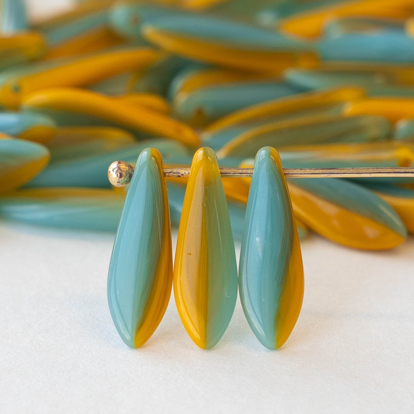 16mm Dagger Beads -  Turquoise and Orange Mixed Glass - 60 beads