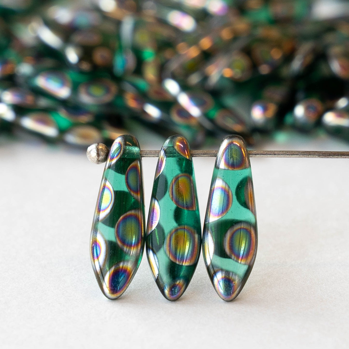 16mm Glass Dagger Beads - Emerald Peacock - 20 or 60 beads