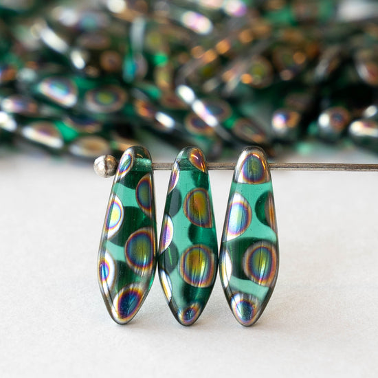 16mm Glass Dagger Beads - Emerald Peacock - 20 or 60 beads