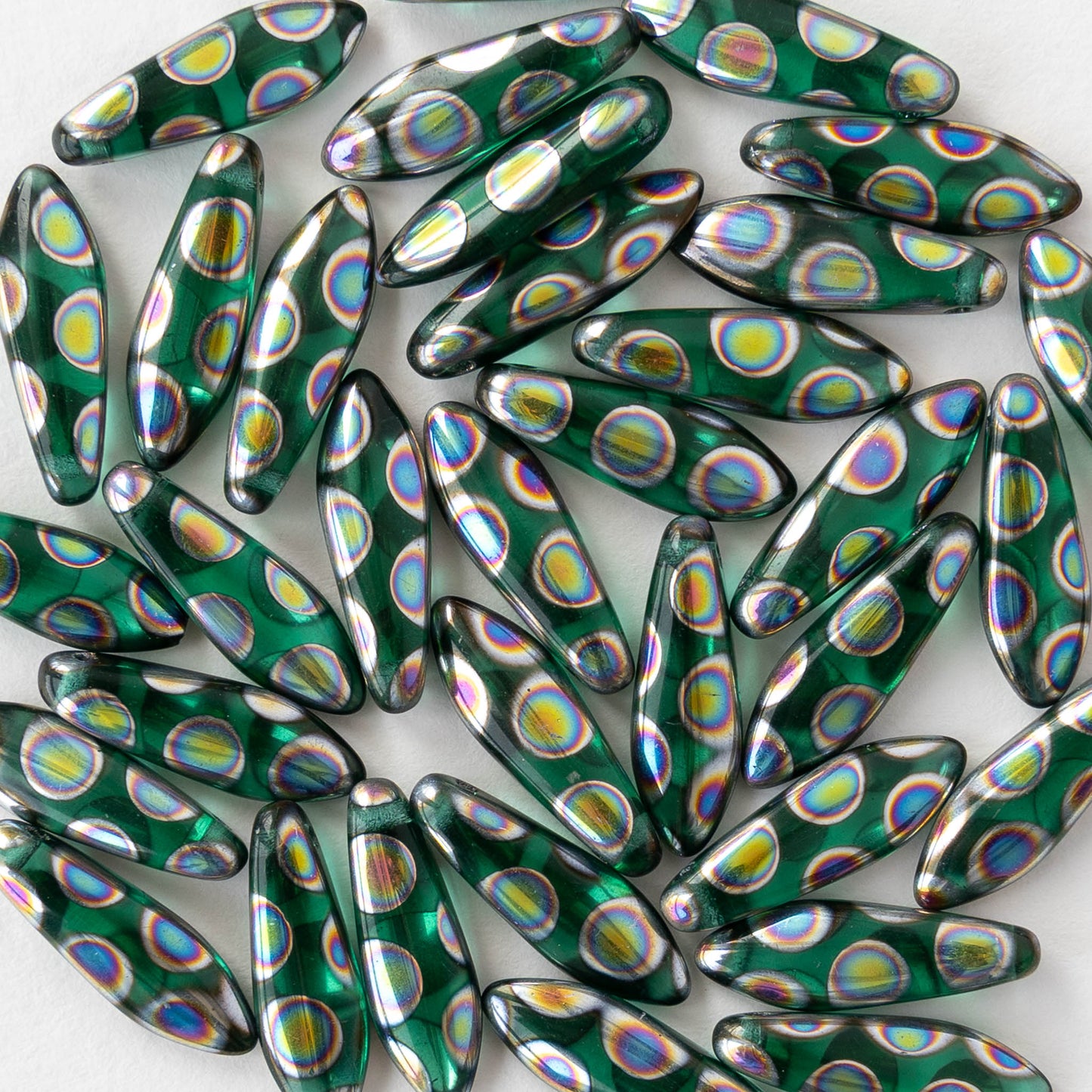 16mm Glass Dagger Beads - Emerald Peacock - 20 or 60 beads