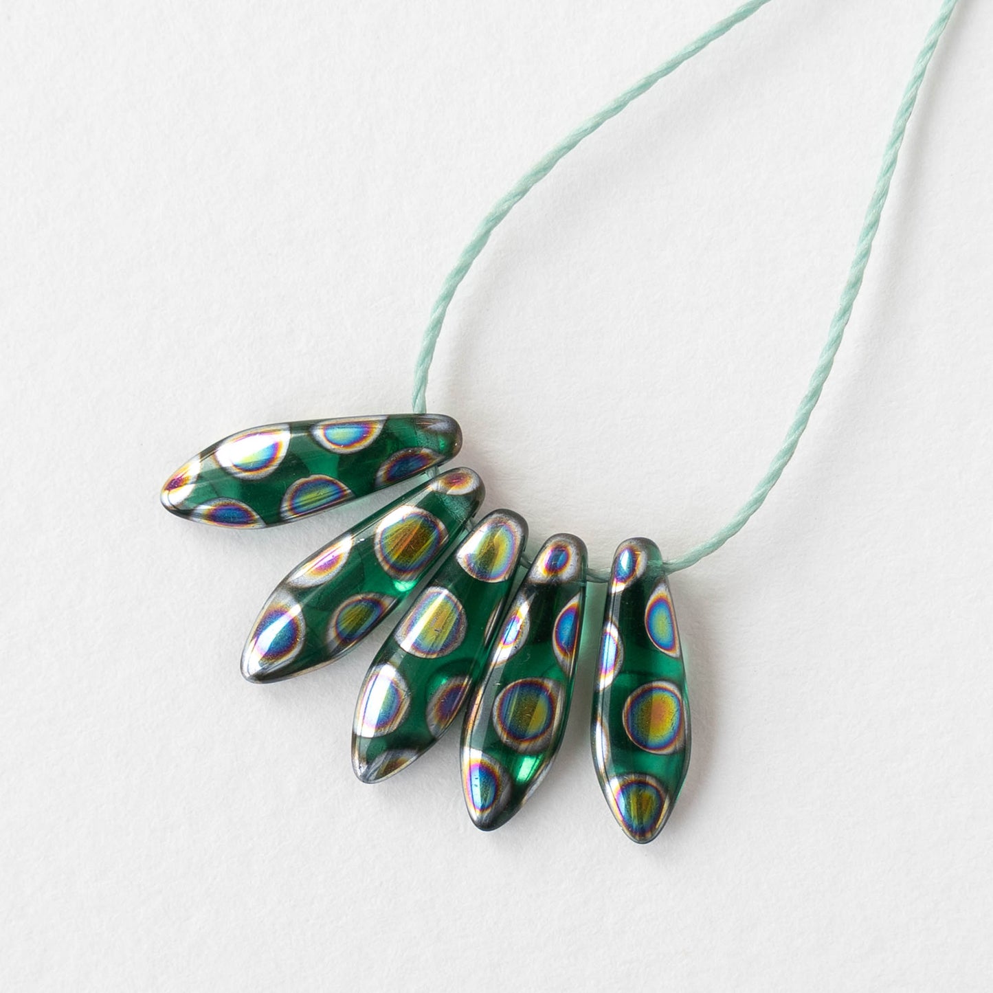 16mm Glass Dagger Beads - Emerald Peacock - 20 or 60 beads
