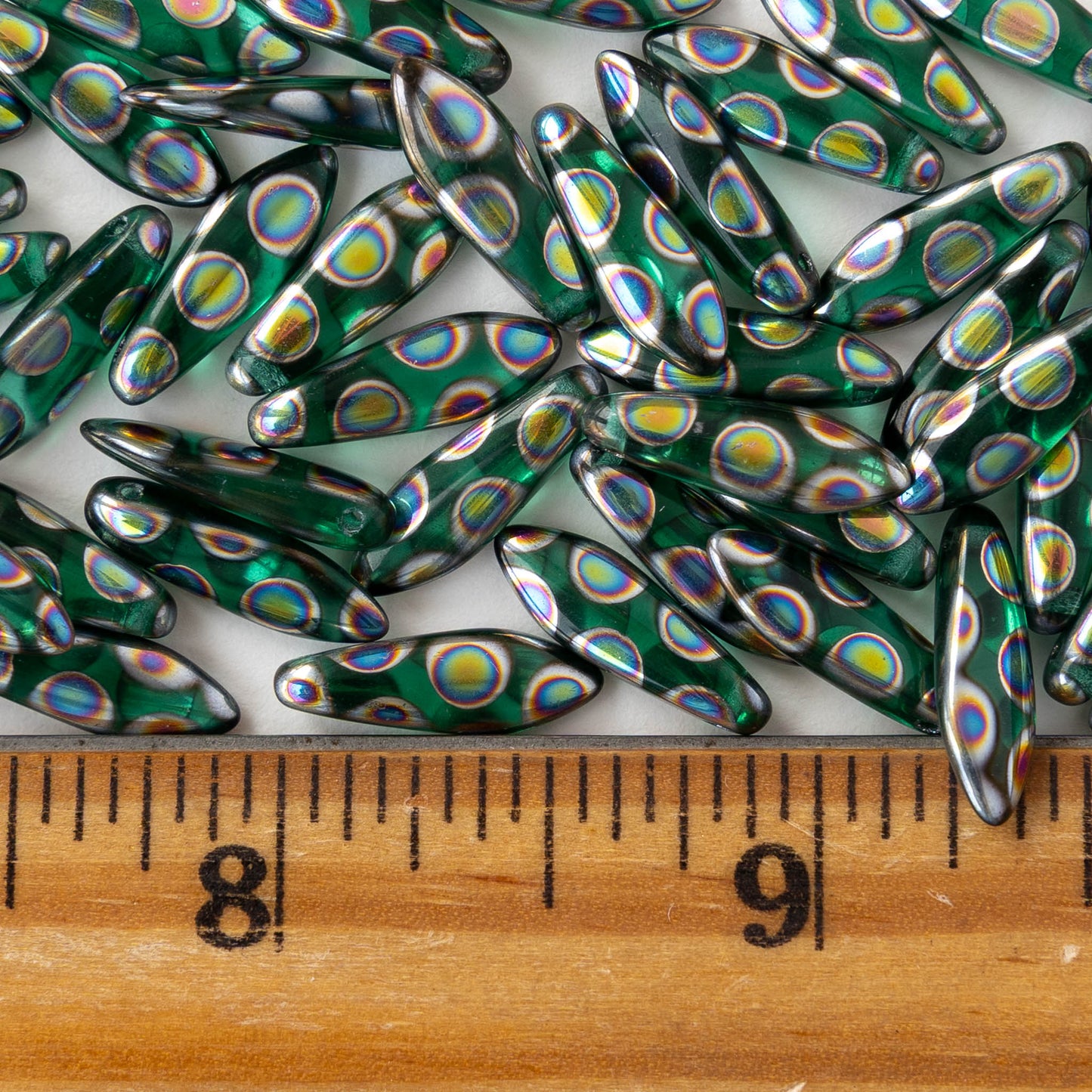 16mm Glass Dagger Beads - Emerald Peacock - 20 or 60 beads