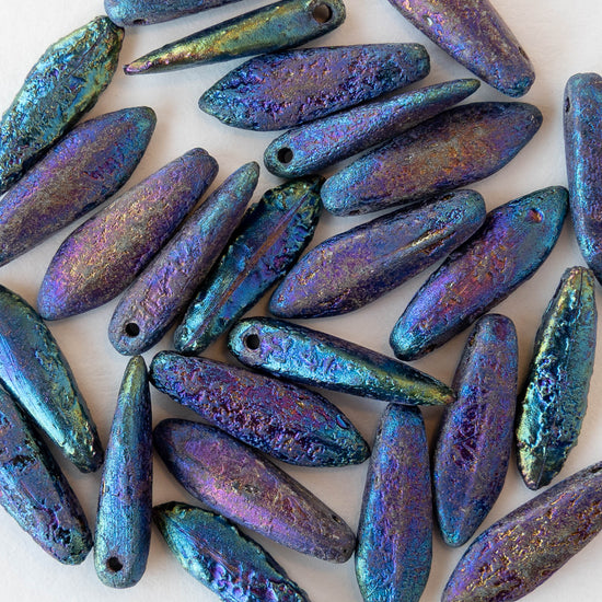 16mm Glass Dagger Beads - Etched Purple Iris  - 25 Beads