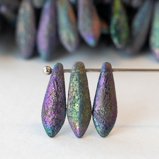 16mm Glass Dagger Beads - Etched Blue Iris  - 25 Beads