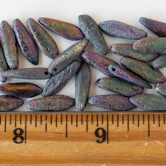 16mm Glass Dagger Beads - Etched Blue Iris  - 25 Beads