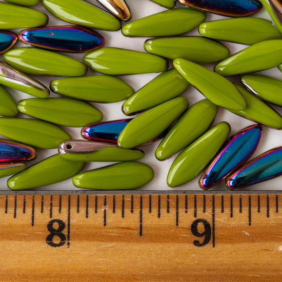 16mm Dagger Beads - Opaque Olive Sliperit - 50 beads