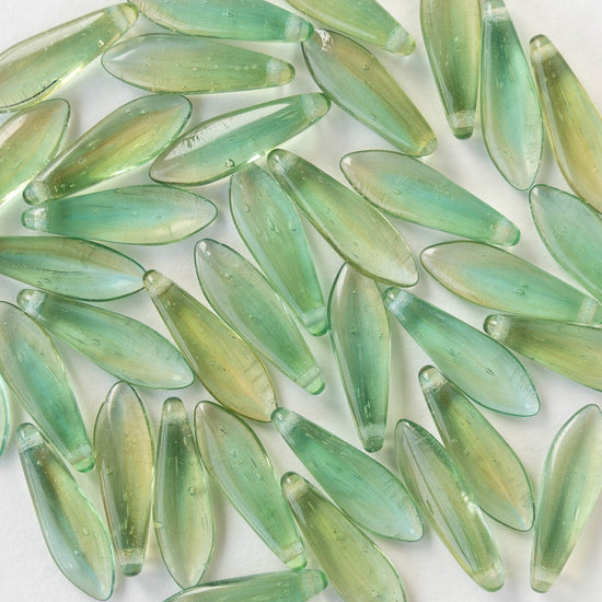 16mm Glass Dagger Beads - Transparent Green Mix - 25 or 50 Beads