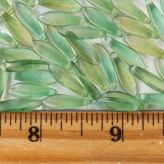 16mm Glass Dagger Beads - Transparent Green Mix - 25 or 50 Beads
