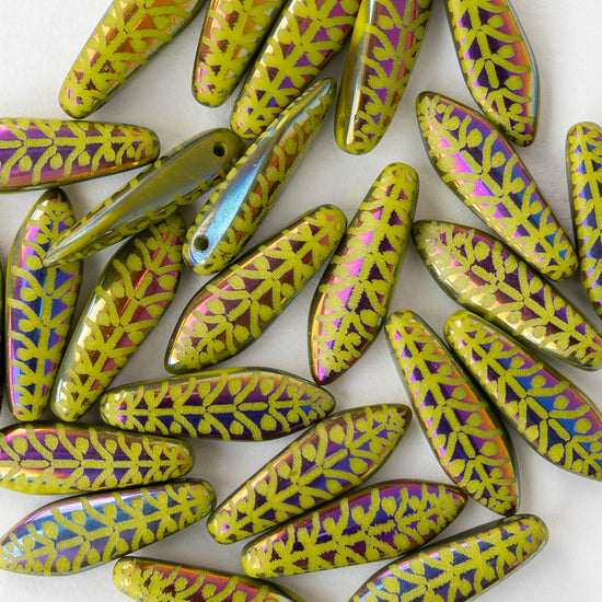 16mm Glass Dagger Beads - Wasabi Green Iris - 25