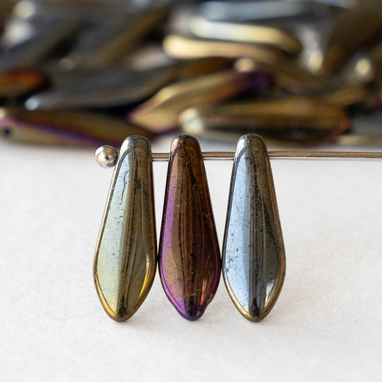16mm Glass Dagger Beads - Metallic Gold Silver Iris - 25 or 50 Beads