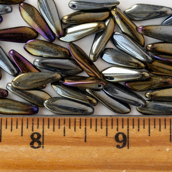 16mm Glass Dagger Beads - Metallic Gold Silver Iris - 25 or 50 Beads