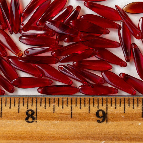 16mm Glass Dagger Beads - Transparent Ruby Red - 50 beads