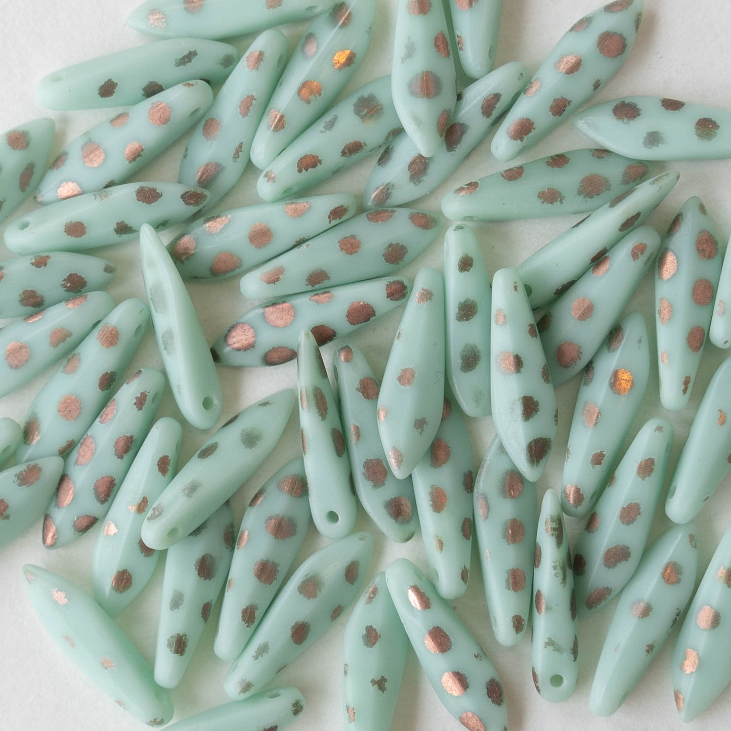 16mm Dagger Beads - Opaque Mint with Copper Dots  - 50 beads