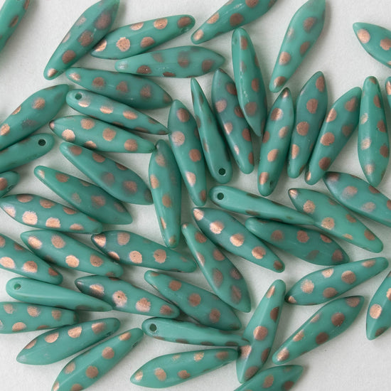 16mm Dagger Beads - Opaque Teal with Copper Dots - 50 beads