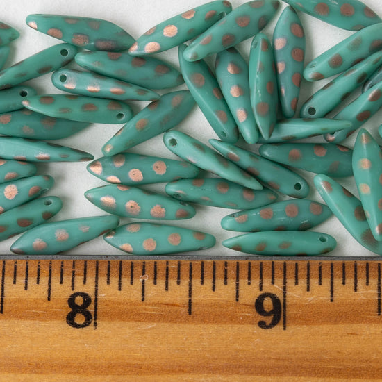 16mm Dagger Beads - Opaque Teal with Copper Dots - 50 beads