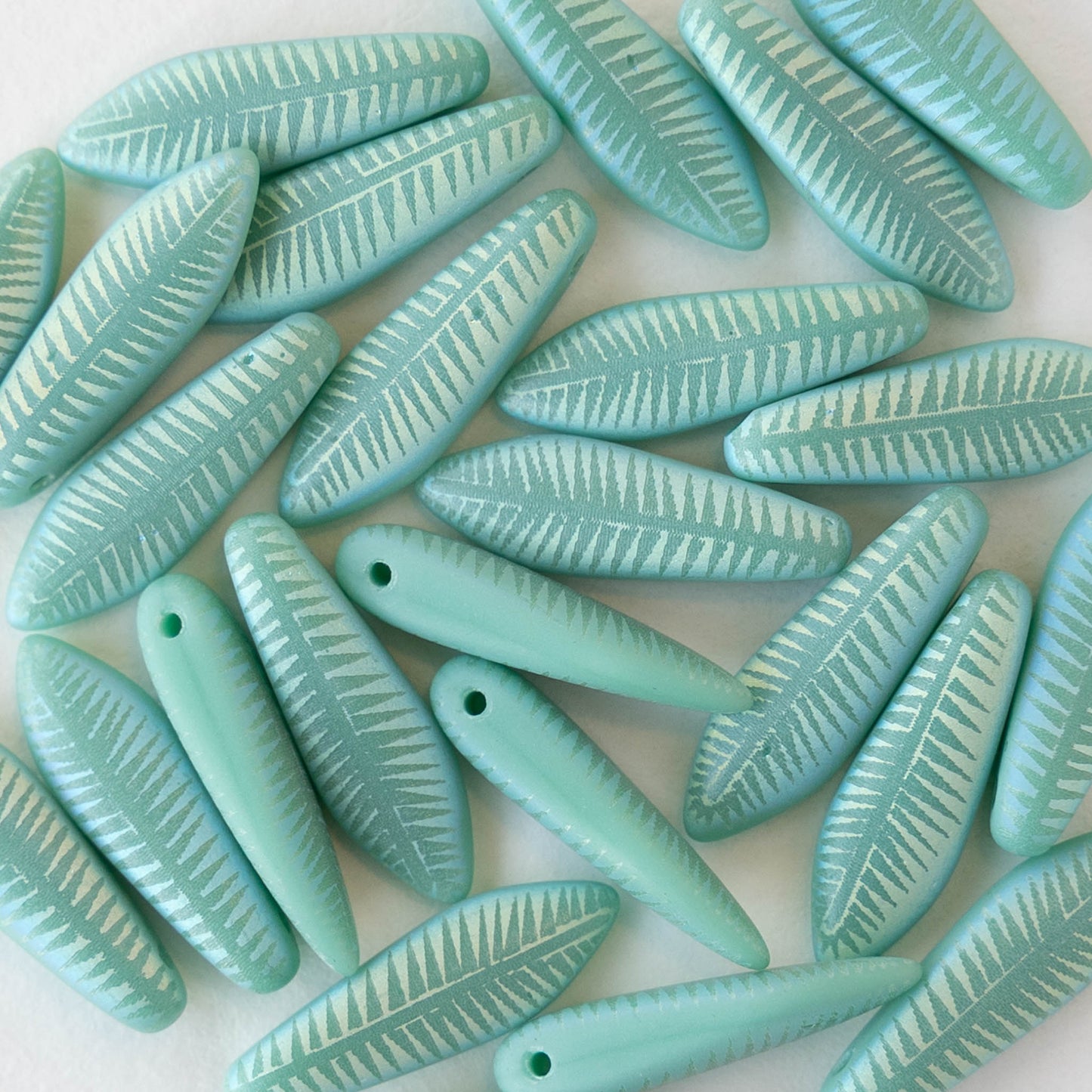16mm Glass Dagger Beads - Matte Turquoise AB Laser Etched  - 25 Beads