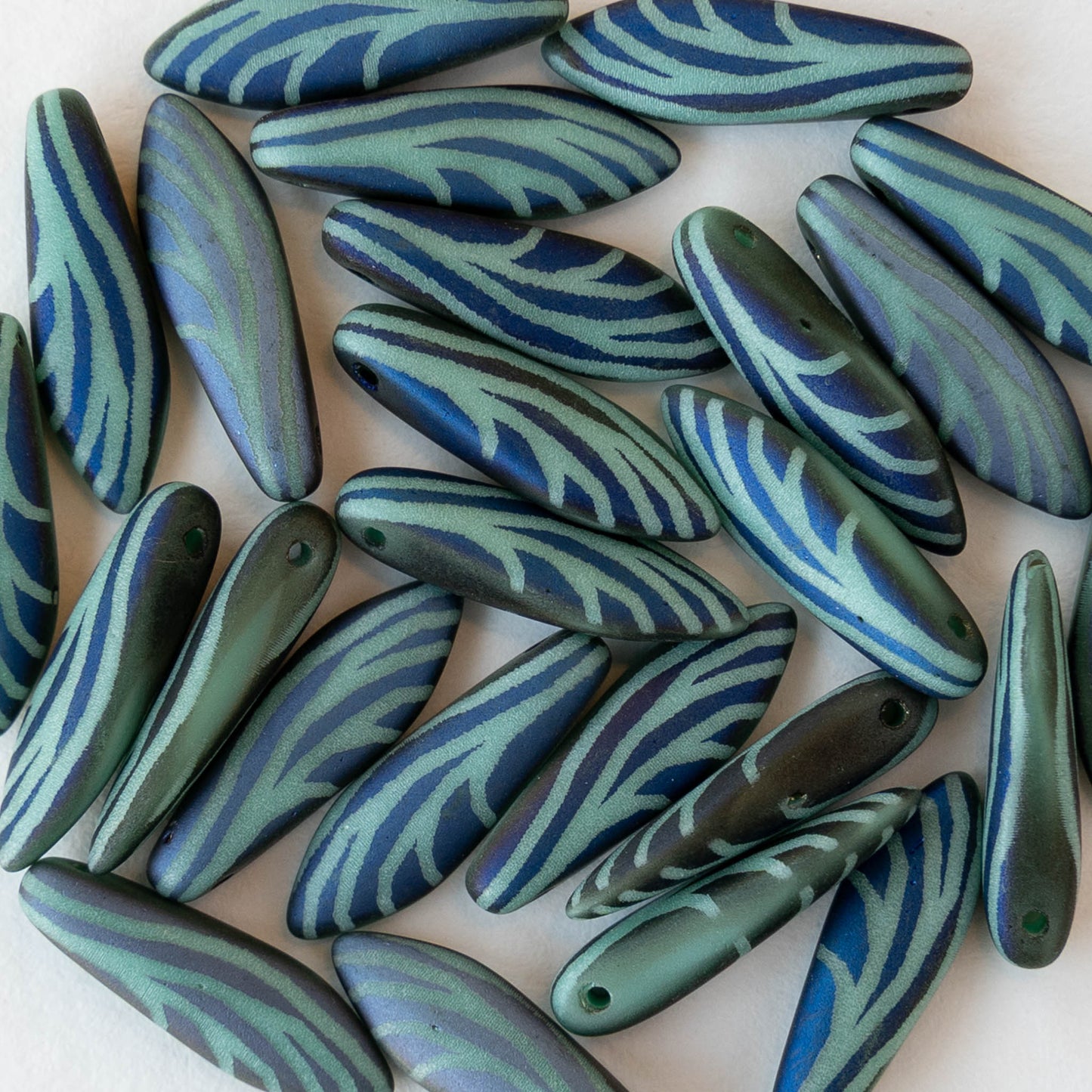 16mm Glass Dagger Beads - Matte Turquoise Laser Etched  - 25 Beads