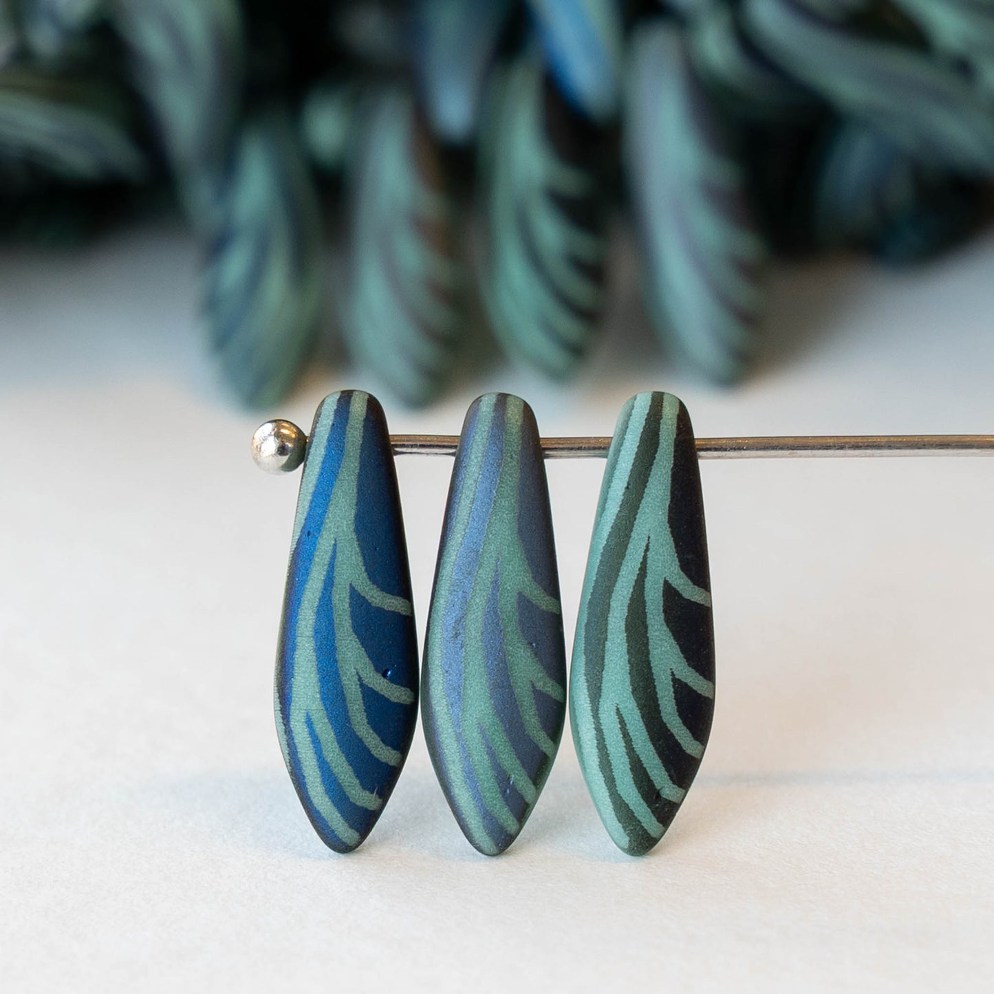 16mm Glass Dagger Beads - Matte Turquoise Laser Etched  - 25 Beads