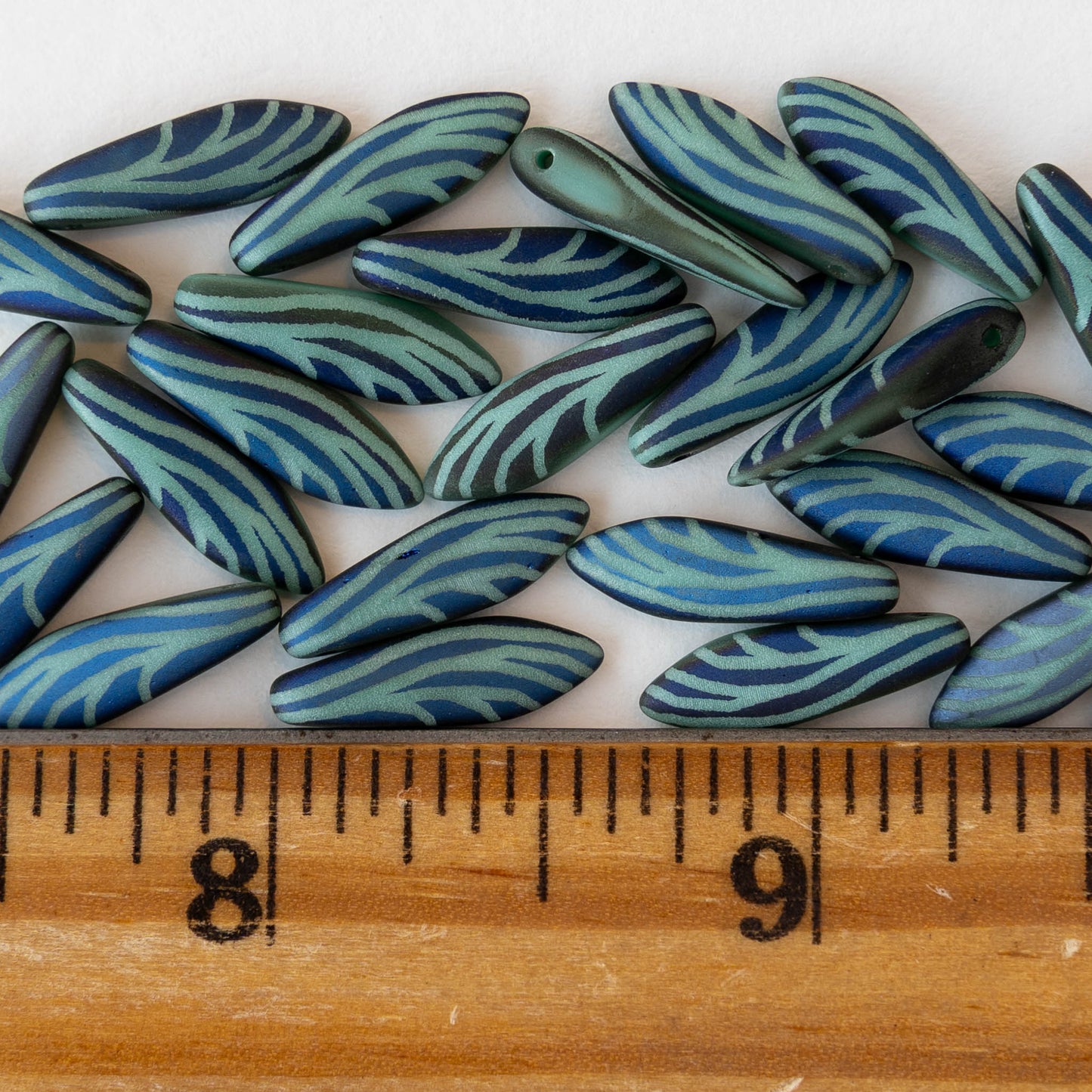 16mm Glass Dagger Beads - Matte Turquoise Laser Etched  - 25 Beads