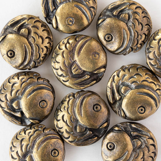 16mm Koi Coin Beads - Antique Brass - 2 or 6 beads