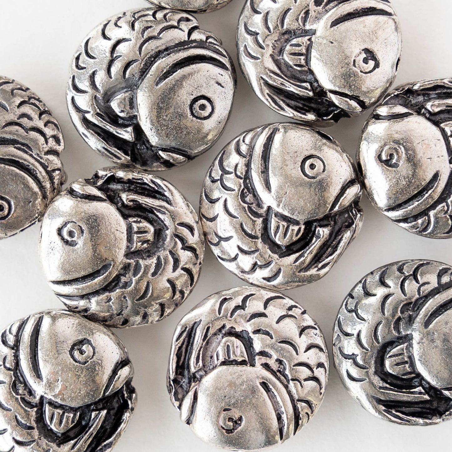 16mm Koi Coin Beads - Antique Silver - 2 or 6 beads