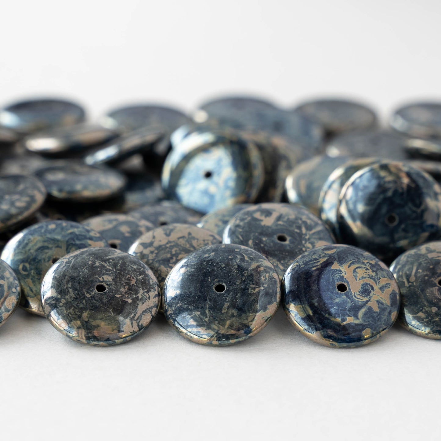 16mm Rondelle Beads - Opaque Black Silver Picasso - 10 or 20 Beads