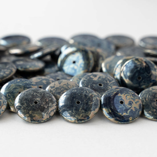 16mm Rondelle Beads - Opaque Black Silver Picasso - 10 or 20 Beads