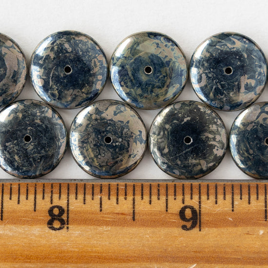 16mm Rondelle Beads - Opaque Black Silver Picasso - 10 or 20 Beads