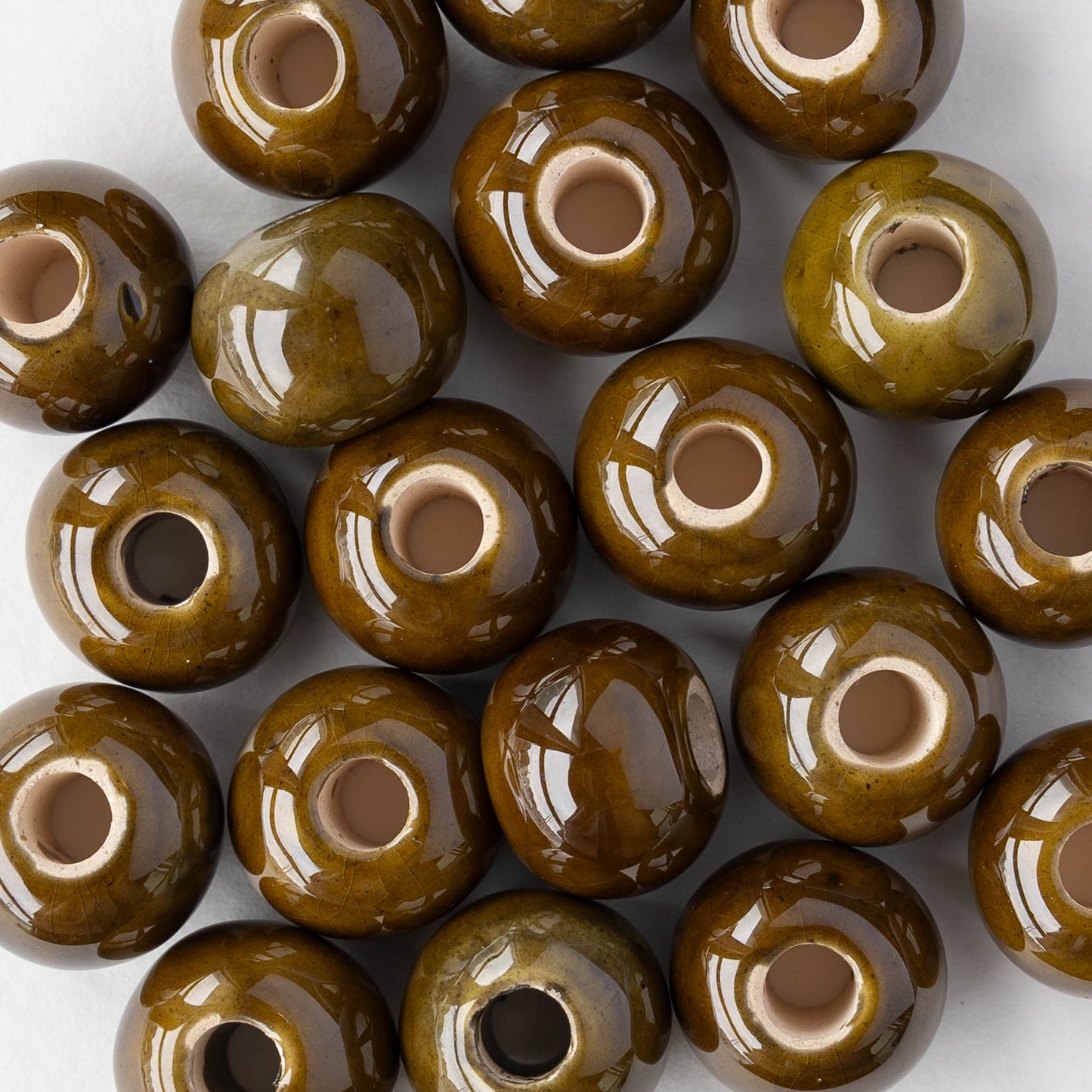 13x16mm Glazed Ceramic Round Beads - Olive - 4 or 12 beads