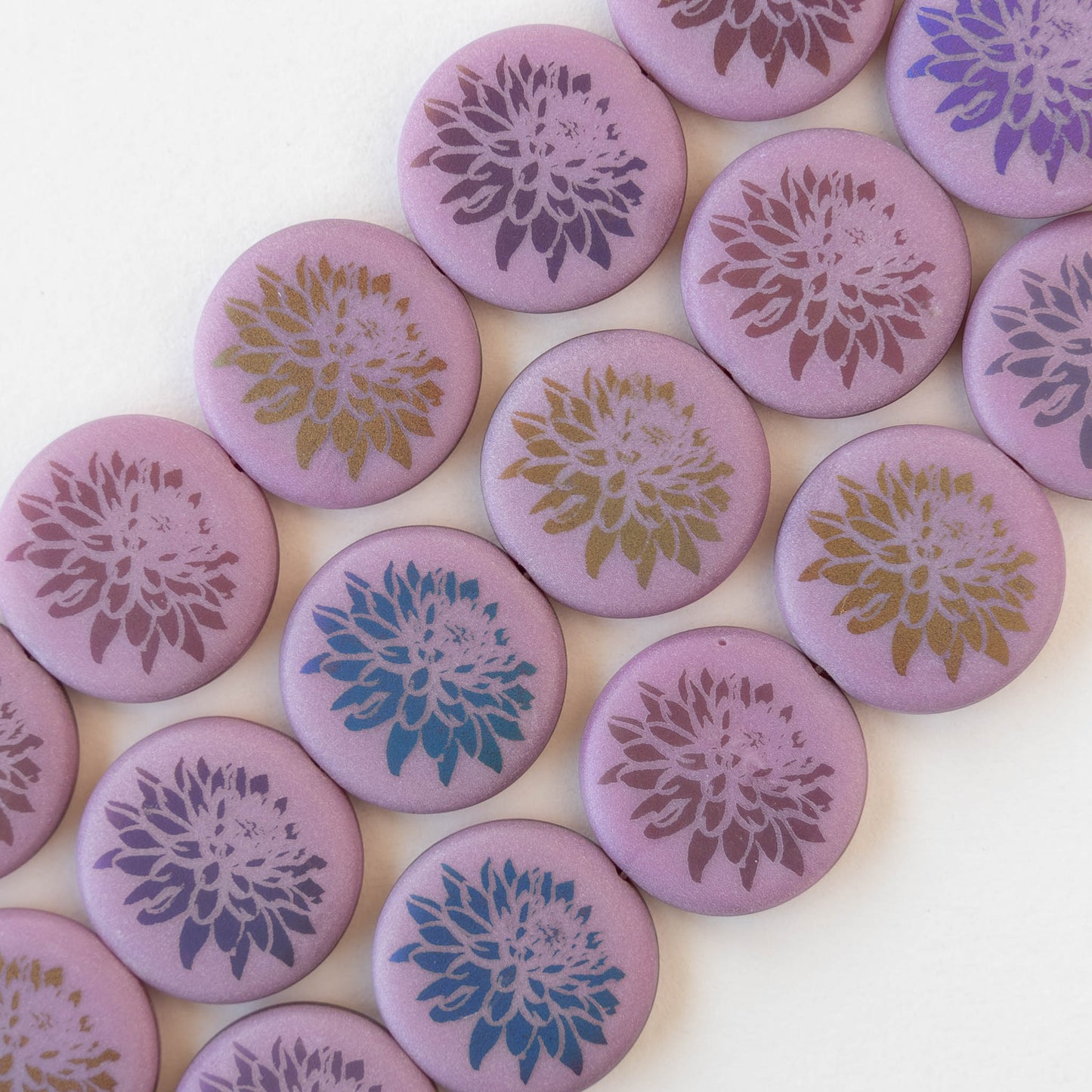 16mm Glass Coin Beads - Zinnea Flower Pink - 8 beads