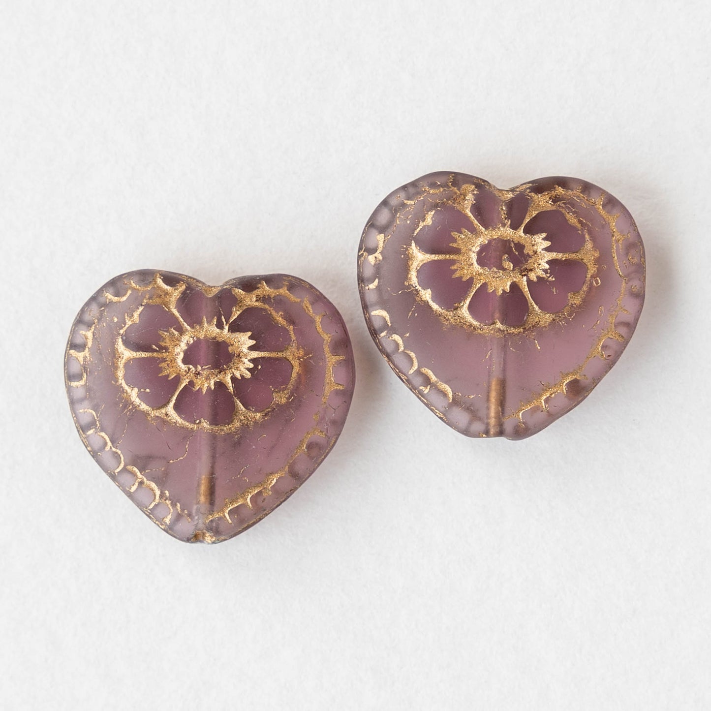 17mm Victorian Glass Heart Beads - Amethyst - 4 or 12